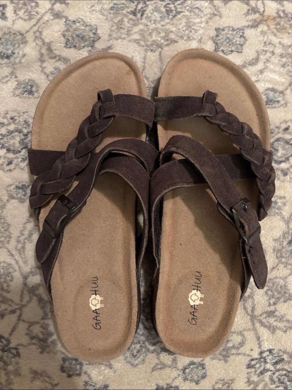 Women's Gaa Huu Dark Brown Braided Leather Strap Slide Sandals- Sz 7- Like New